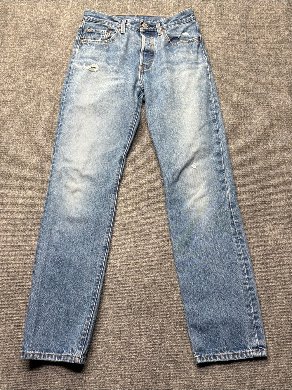 Levis Premium 501 Jeans Womens 27x32 Blue Straight Button Fly Big E Distressed
